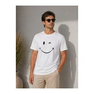 Erkek Minimal Gülümseyen Yüz Baskılı Tişört Kısa Kol Yazlık T-Shirt - Beyaz