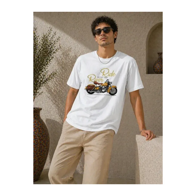 Erkek Motosiklet Baskılı Tişört Bisiklet Yaka Kısa Kol Yazlık T-Shirt - Beyaz