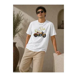 Erkek Motosiklet Baskılı Tişört Bisiklet Yaka Kısa Kol Yazlık T-Shirt - Beyaz