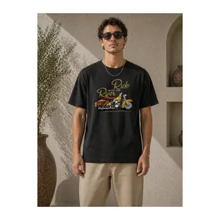 Erkek Motosiklet Baskılı Tişört Bisiklet Yaka Kısa Kol Yazlık T-Shirt - Siyah