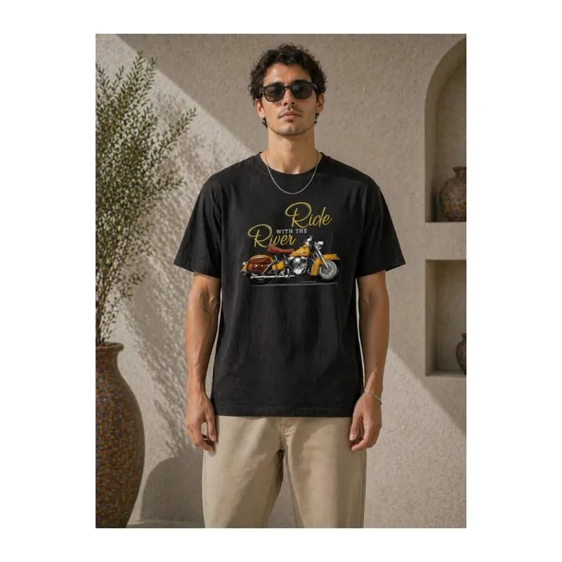 Erkek Motosiklet Baskılı Tişört Bisiklet Yaka Kısa Kol Yazlık T-Shirt - Siyah