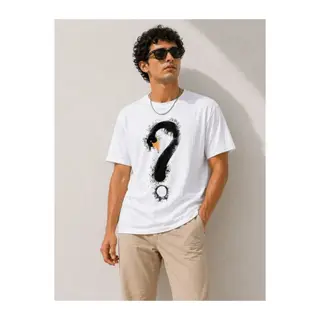 Erkek Kuğu Figürlü Soru İşareti Baskılı Tişört Kısa Kol T-Shirt - Beyaz