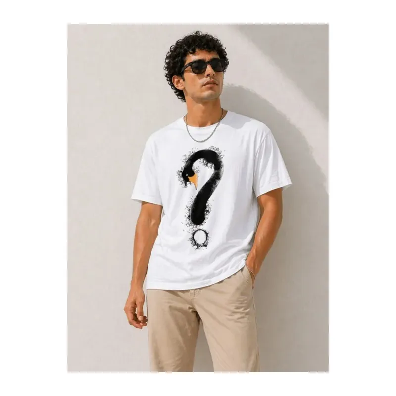 Erkek Kuğu Figürlü Soru İşareti Baskılı Tişört Kısa Kol T-Shirt - Beyaz