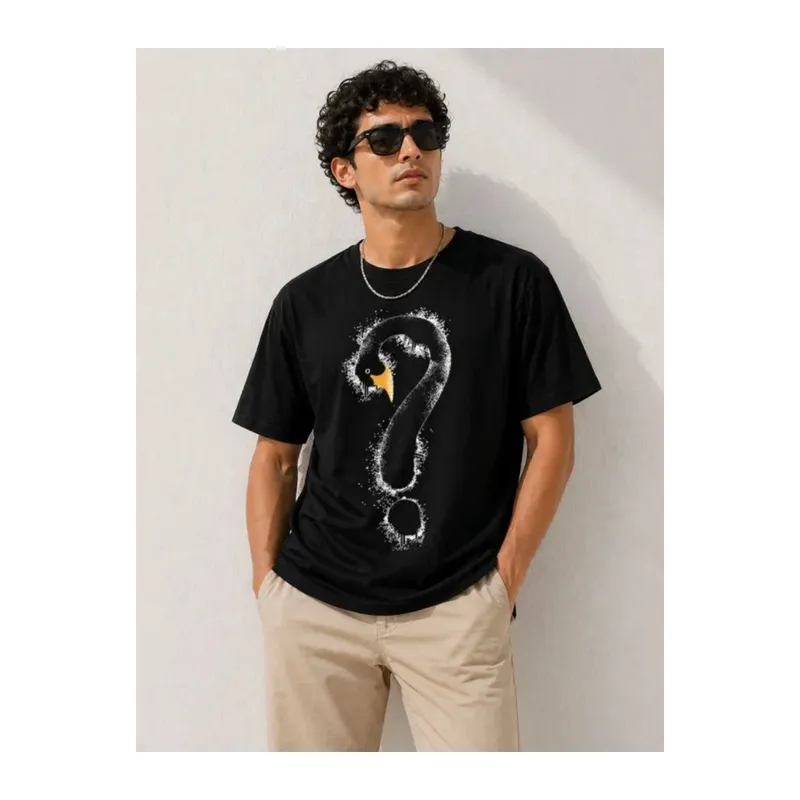 Erkek Kuğu Figürlü Soru İşareti Baskılı Tişört Kısa Kol T-Shirt - Siyah