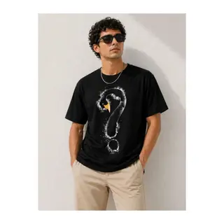 Erkek Kuğu Figürlü Soru İşareti Baskılı Tişört Kısa Kol T-Shirt - Siyah