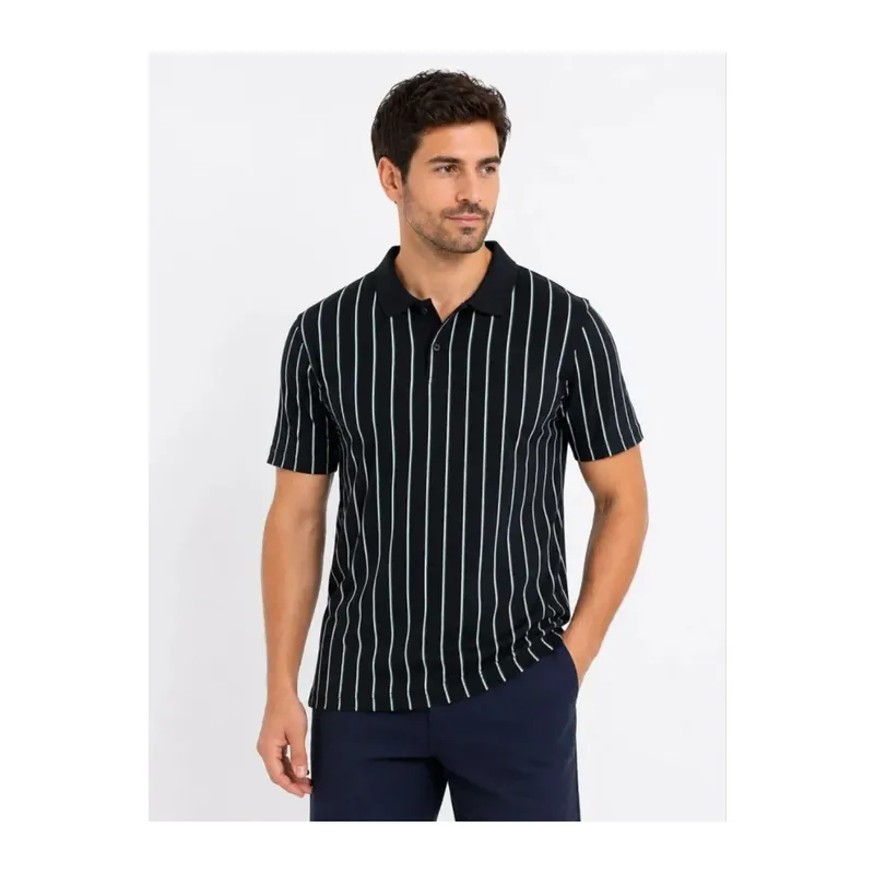 Erkek Pike Kumaş Çizgili Polo Yaka Tişört Kısa Kol Yazlık T-Shirt - Siyah