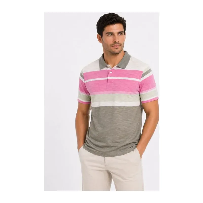 Erkek Flamlı Penye Çizgili Polo Yaka Tişört Kısa Kol Yazlık T-Shirt - Gri