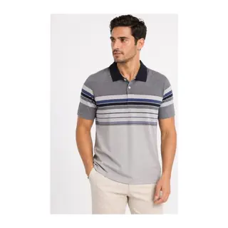 Erkek Flamlı Penye Çizgili Polo Yaka Tişört Kısa Kol Yazlık T-Shirt - Gri