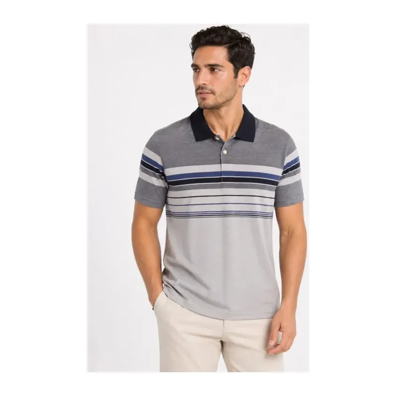 Erkek Flamlı Penye Çizgili Polo Yaka Tişört Kısa Kol Yazlık T-Shirt - Gri