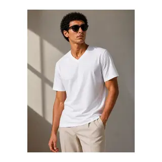 Erkek V Yaka Basic Tişört Kısa Kol Yazlık Regular Fit T-Shirt - Beyaz