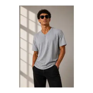 Erkek V Yaka Basic Tişört Kısa Kol Yazlık Regular Fit T-Shirt - Gri