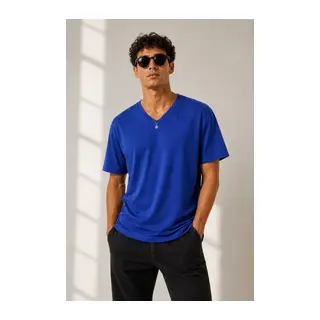 Erkek V Yaka Basic Tişört Kısa Kol Yazlık Regular Fit T-Shirt - Saks Mavisi