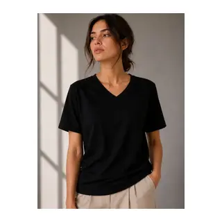 V Yaka Basic Tişört Kısa Kol Yazlık Regular Fit T-Shirt - Siyah