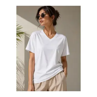 V Yaka Basic Tişört Kısa Kol Yazlık Regular Fit T-Shirt - Beyaz