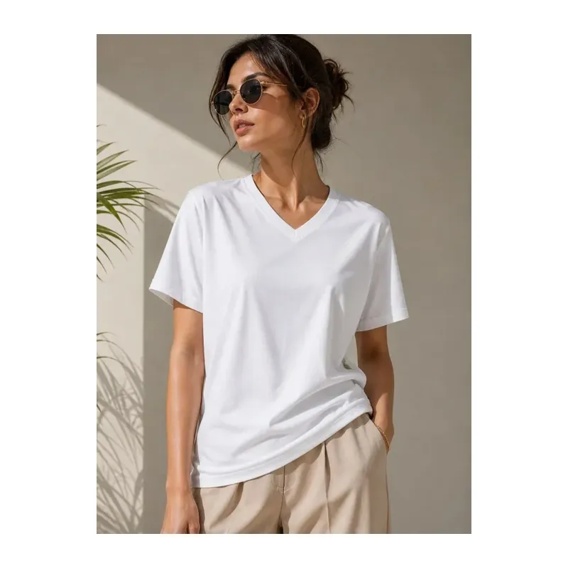 V Yaka Basic Tişört Kısa Kol Yazlık Regular Fit T-Shirt - Beyaz