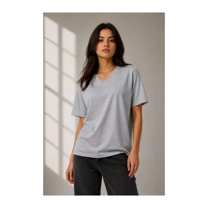 V Yaka Basic Tişört Kısa Kol Yazlık Regular Fit T-Shirt - Gri