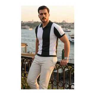 Erkek Kısa Kollu Polo Yakalı Blok Desenli Triko Bluz