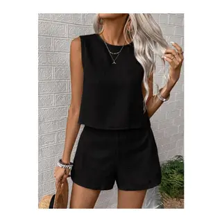 Kadın Kolsuz Bisiklet Yakalı Kısa Bluz Ve Short Ikili Takım