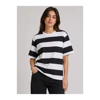 Çizgili Oversize Tişört Bisiklet Yaka Kısa Kol Yazlık T-Shirt - Siyah