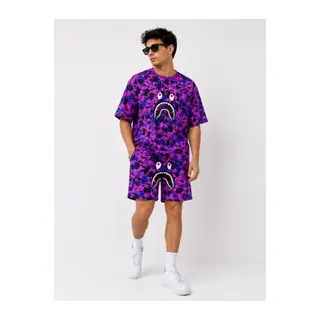 Erkek Oversize Kalıp Pubg Bape X Shark Nakışlı Cepli Şort Takım - Mor