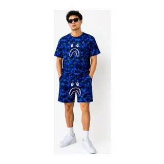 Erkek Oversize Kalıp Pubg Bape X Shark Nakışlı Cepli Şort Takım - Mavi