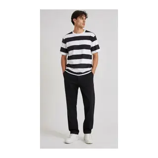 Erkek Çizgili Oversize Tişört Bisiklet Yaka Kısa Kol Yazlık T-Shirt - Siyah
