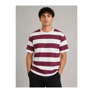 Erkek Çizgili Oversize Tişört Bisiklet Yaka Kısa Kol Yazlık T-Shirt - Bordo