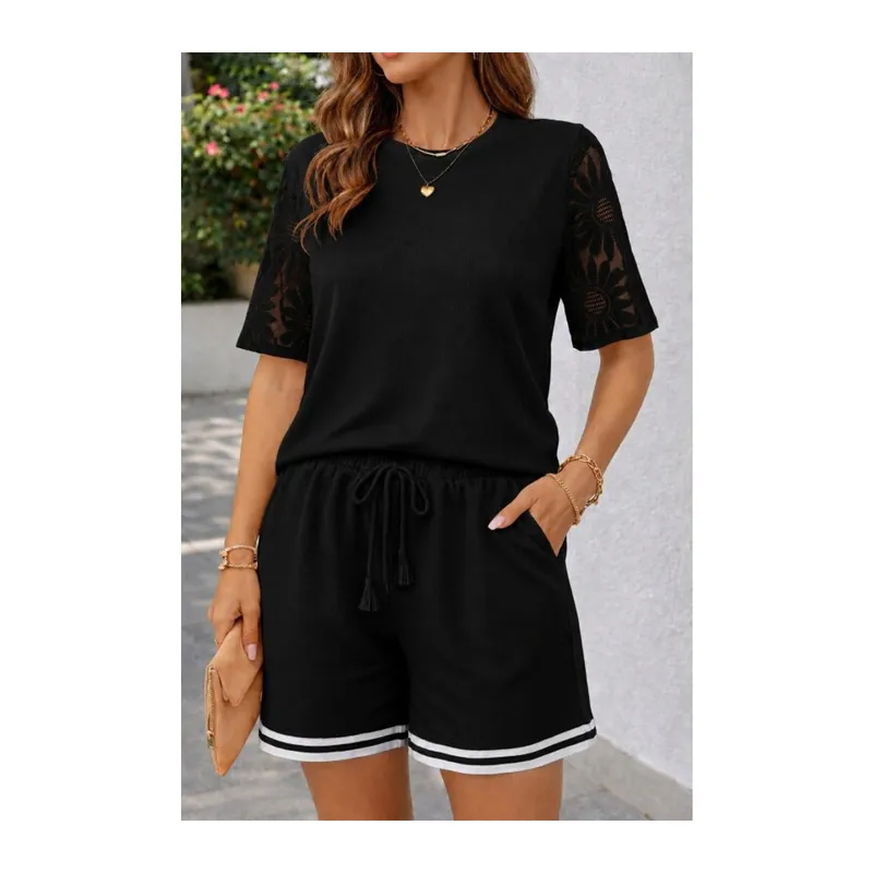 Kadın Kısa Kollu Bisiklet Yakalı Waffle Bluz Ve Short Ikili Takım