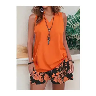 Kadın Askılı V Yakalı Sandy Bluz Ve Desenli Short Ikili Takım