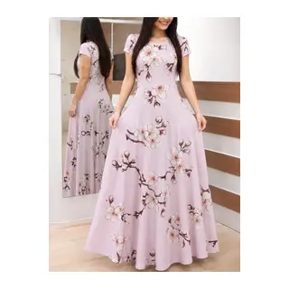 Kadın Kısa Kollu Bisiklet Yaka Puantiyeli Maksi örme Krep Elbise