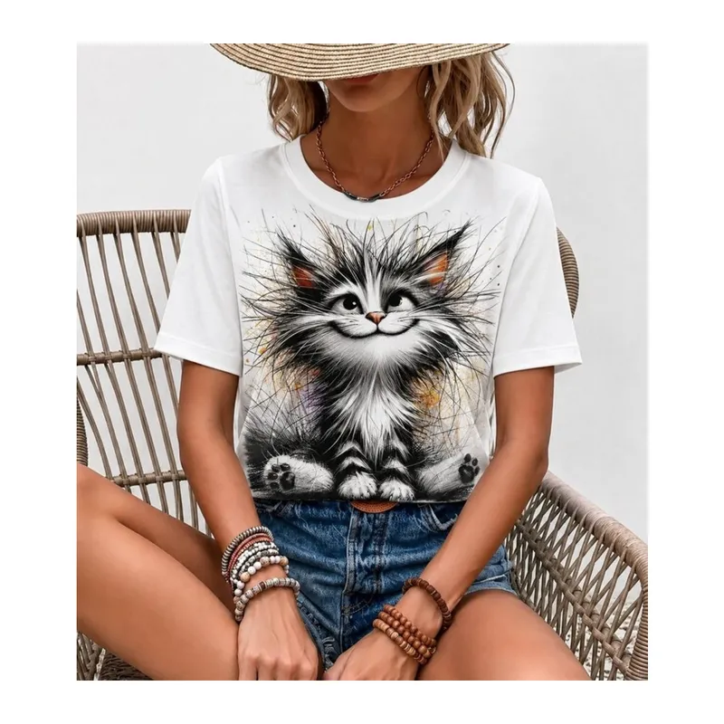 Kadın Kısa Kollu Bisiklet Yaka Kedi Baskılı Süprem Bluz