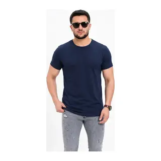 Erkek Basic Tişört Bisiklet Yaka Kısa Kol Günlük Yazlık Slim Fit T-Shirt - Lacivert