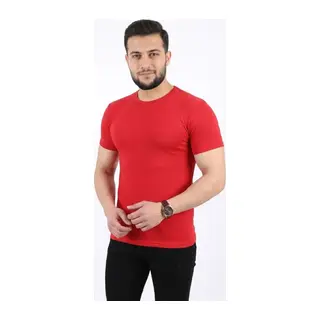 Erkek Basic Tişört Bisiklet Yaka Kısa Kol Günlük Yazlık Slim Fit T-Shirt - Kırmızı