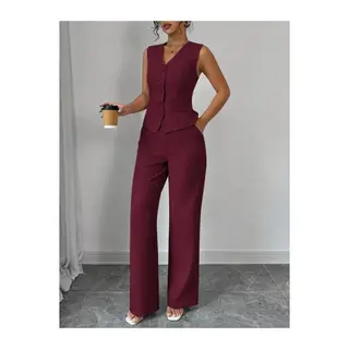 Kadın Askılı önden Düğmeli Bluz Ve Pantolon Keten Ikili Takım