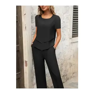 Kadın Kısa Kollu Kayık Yaka önü Asimetrik Detaylı Kısa Sandy Bluz Ve Pantolon Ikili Takım