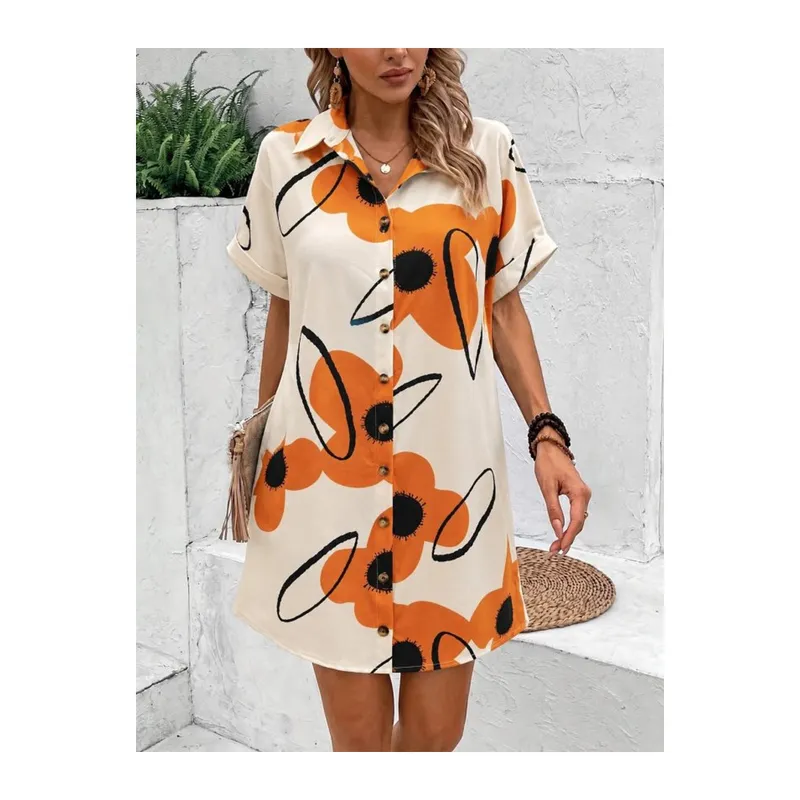Kadın Kısa Kollu Yakalı çiçek Desenli Kısa Süprem Elbise