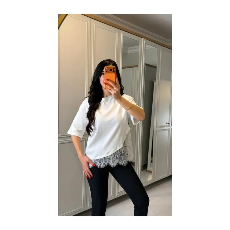 Kısa Kollu Bısıklet Yakalı Dantel Detaylı Vıskon ıkı ıplık Bluz