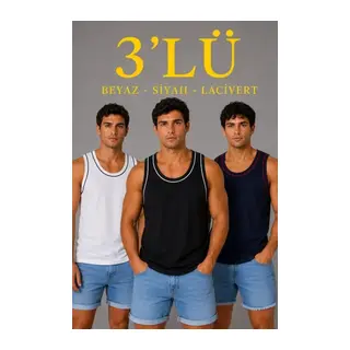 Erkek 3’lü Kolsuz Sporcu Atlet Seti Yazlık Bisiklet Yakalı - Siyah, Lacivert, Beyaz