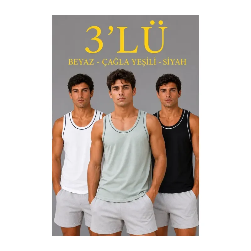 Erkek 3’lü Kolsuz Sporcu Atlet Seti Yazlık Bisiklet Yakalı - Mint Yeşili, Siyah, Beyaz