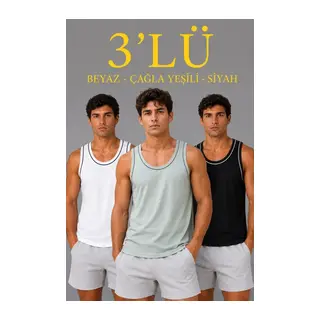 Erkek 3’lü Kolsuz Sporcu Atlet Seti Yazlık Bisiklet Yakalı - Mint Yeşili, Siyah, Beyaz