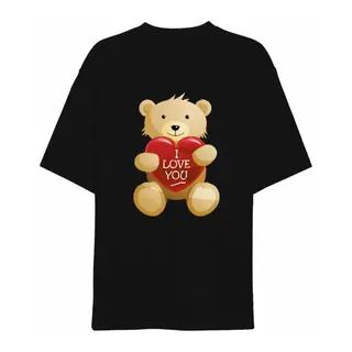 14 Şubat Sevgililer Günü I Love You Ayı Baskılı Oversize Bisiklet Yaka T-shirt - Siyah