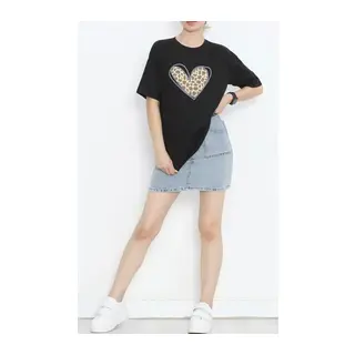 14 Şubat Sevgililer Günü Leopar Kalp Baskılı Oversize Bisiklet Yaka T-shirt - Siyah