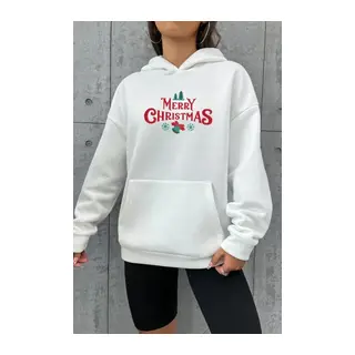 Yılbaşı Merry Christmas Baskılı Oversize Kapüşonlu Sweatshirt Hoodie - Beyaz