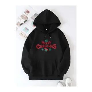Yılbaşı Merry Christmas Baskılı Oversize Kapüşonlu Sweatshirt Hoodie - Siyah
