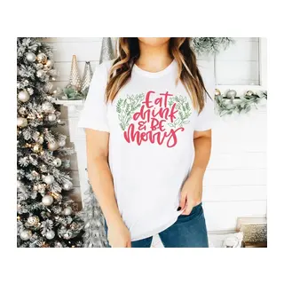 Yılbaşı Noel Baskılı Kısa Kollu Oversize Bisiklet Yaka T-shirt - Beyaz