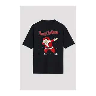 Yılbaşı Merry Christmas Noel Baba Baskılı Oversize Bisiklet Yaka T-shirt - Siyah