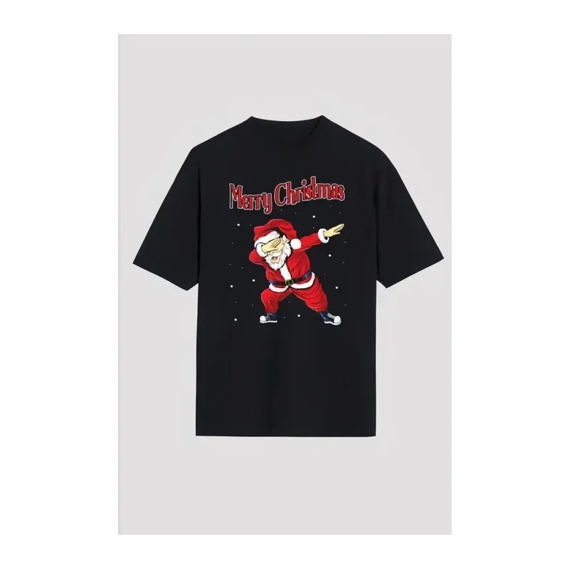 Yılbaşı Merry Christmas Noel Baba Baskılı Oversize Bisiklet Yaka T-shirt - Siyah