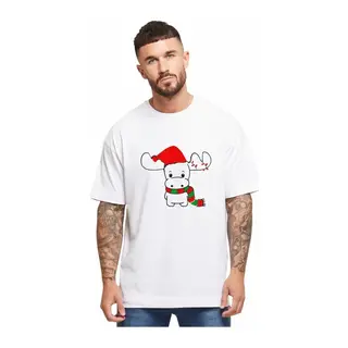 Yılbaşı Noel Ren Geyiği Baskılı Kısa Kollu Oversize Bisiklet Yaka T-shirt - Beyaz