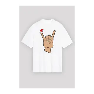 Yılbaşı Noel Başlıklı Serçe Parmak Baskılı Oversize Bisiklet Yaka T-shirt - Beyaz