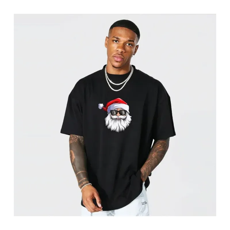 Yılbaşı Gözlüklü Noel Baba Baskılı Kısa Kollu Oversize Bisiklet Yaka T-shirt - Siyah